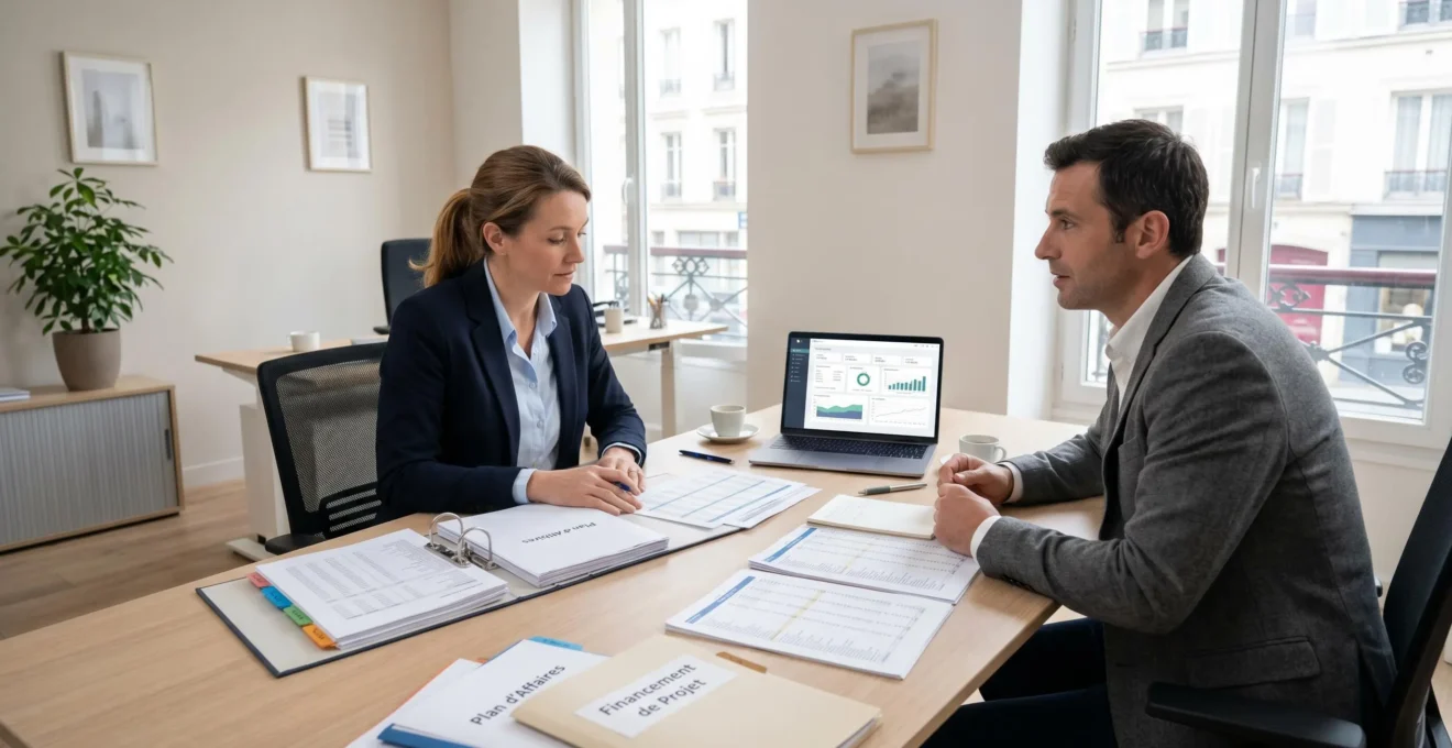 Bureau de conseiller financier avec deux professionnels examinant des documents de financement et un ordinateur portable affichant un tableau de bord, environnement contemporain lumineux