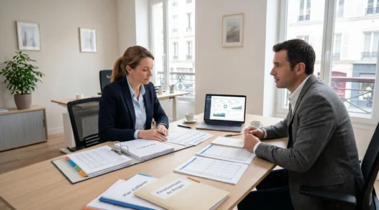 Bureau de conseiller financier avec deux professionnels examinant des documents de financement et un ordinateur portable affichant un tableau de bord, environnement contemporain lumineux
