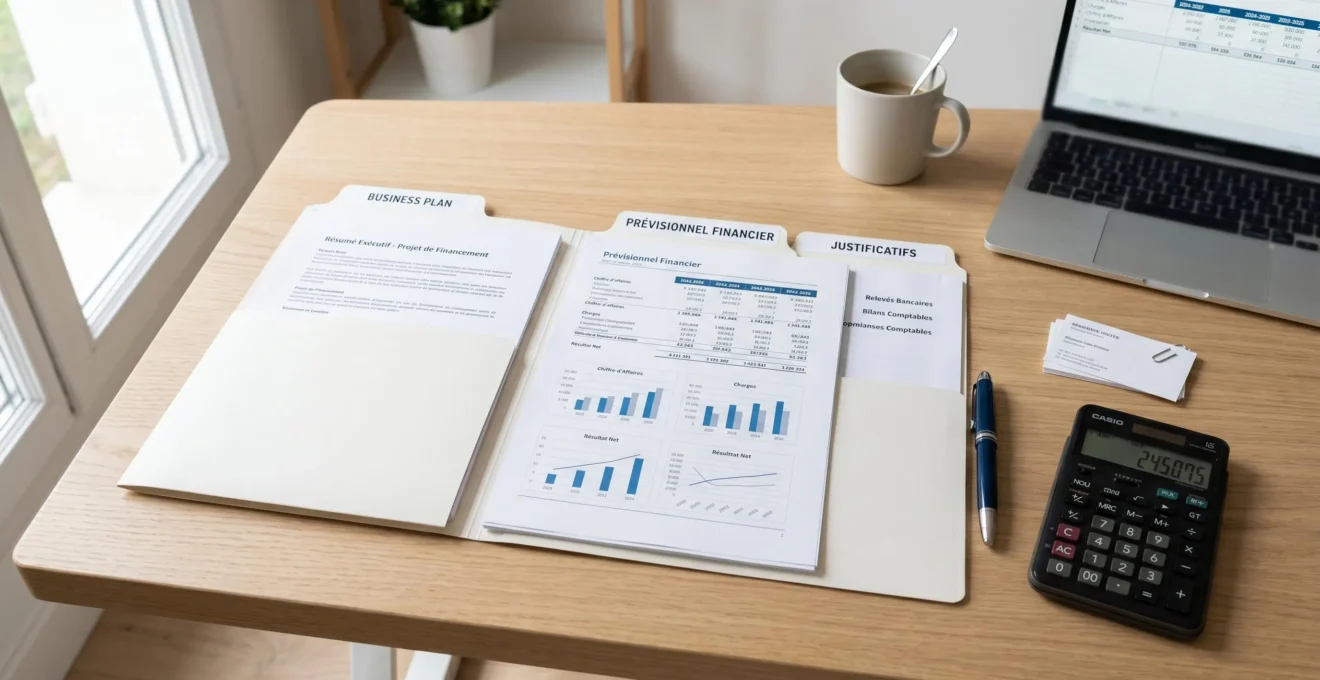 Dossier de financement professionnel organisé sur bureau avec chemises étiquetées Business Plan et Prévisionnel Financier, calculatrice et documents financiers